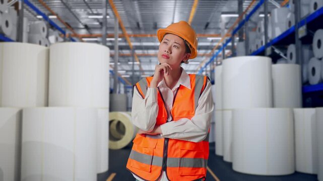 Asian Female Engineer With Safety Helmet Thinking About Something And Looking Around While Standing at Warehouse with Rows of Stacked White Polymer and Paper Rolls