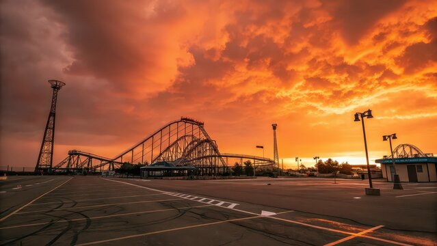 Dramatic sunset over empty amusement park with roller coaster and tower, moody sky landscape, travel destination concept, tourism advertising, background banner