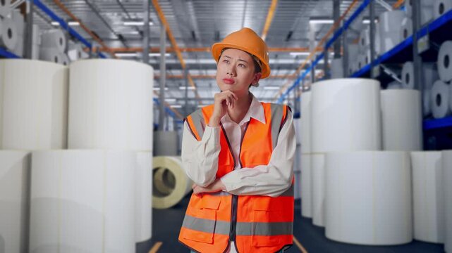 Asian Female Engineer With Safety Helmet Thinking And Looking Around Then Raising Her Index Finger While Standing at Warehouse with Rows of Stacked White Polymer and Paper Rolls