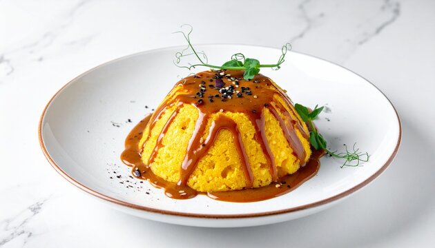 Savory Saffron Rice Timbale. Italian style rice dome with creamy sauce and herbs, elegant plated presentation.