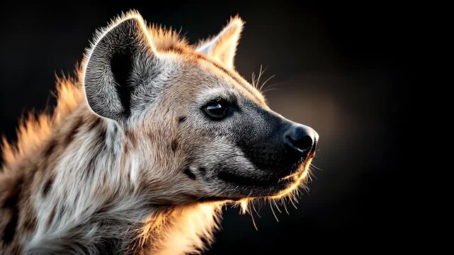 Hyena in the dark forest during sunset. A hyena stands still in a dark forest as the sun sets in the background, lighting up its fur.