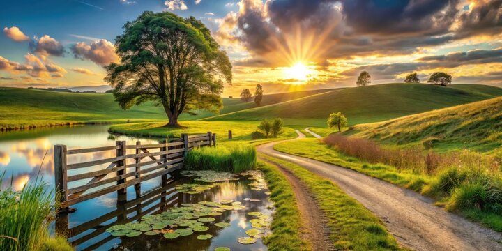 Serene Sunset Over Rolling Green Hills, Winding Country Road, and Tranquil Pond with Wooden Fence