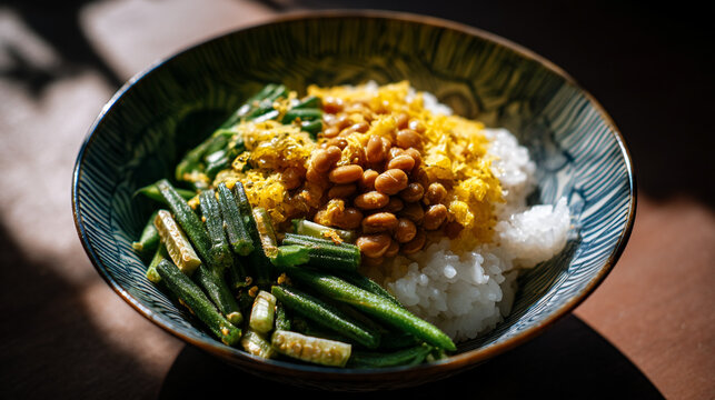Bowl of white rice with green beans and savory topping, cooked beans