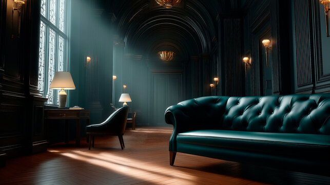 Elegant vintage interior with green leather sofa in classic hall, luxury living room with wooden panels, soft light and refined atmosphere