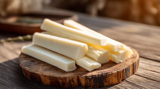 String cheese sticks arranged on a wooden board with kid friendly