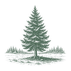 Obraz premium Majestic single pine tree standing in an open field in vintage hand drawn woodcut style vector illustration for nature solitude and environment theme.