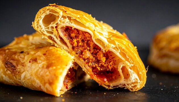 Meat empanada close-up. Crisp golden crust with seasoned beef filling, appetizing baked snack.