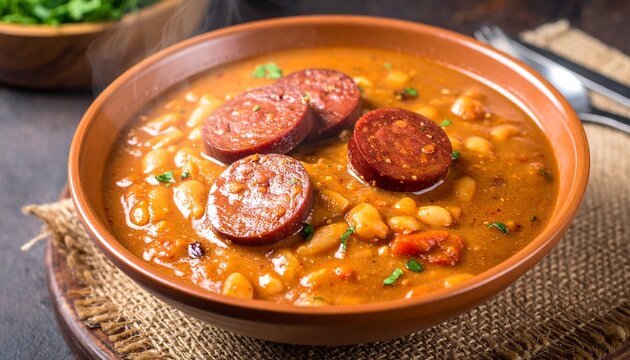 Fabada asturiana with chorizo. Traditional Spanish bean stew with smoked sausage, hearty rustic comfort food.
