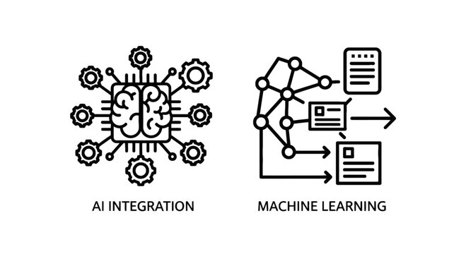 Artificial intelligence integration and machine learning process concept icons with intelligence artificial learning integration technology computing