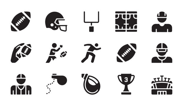 American football vector icons collection includes players, equipment, and stadium graphics.