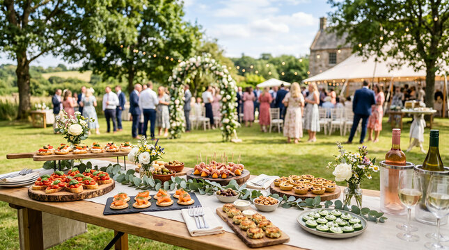 Outdoor catering setup with assorted dishes at wedding reception