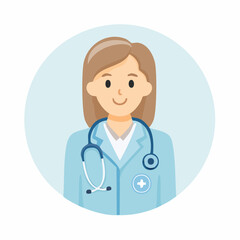 Fototapeta premium Female doctor portrait with stethoscope in light blue coat, healthcare professional icon