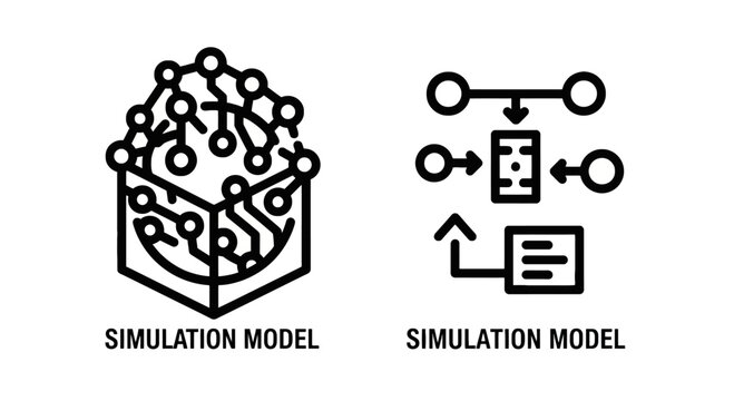 Simulation model and logic flow diagram icons for data analysis and software development with simulation analysis software development algorithm