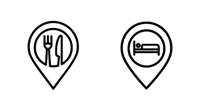 Restaurant dining and hotel accommodation location map pin icons for travel and tourism with restaurant accommodation location navigation hospitality