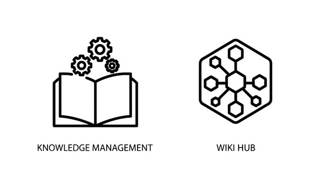 Professional business icons representing knowledge management processes and wiki database information hub systems for data organization with knowledge