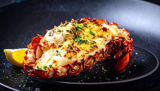 Lobster Thermidor. Rich French lobster baked with cream and cheese, dramatic seafood presentation on a dark plate.