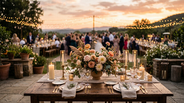 Elegant outdoor dining setup with floral centerpiece at sunset for catering  