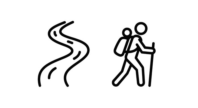 Minimalist icon set featuring a winding road and a backpacker hiking with a trekking pole representing outdoor travel and exploration trekking backpacker