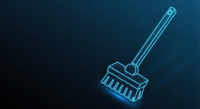 Stylized Wireframe Broom Icon for Cleaning and Housekeeping Services, Representing Hygiene and Maintenance
