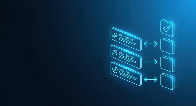 Futuristic digital interface with neon glowing data blocks and informational icons on a dark blue background