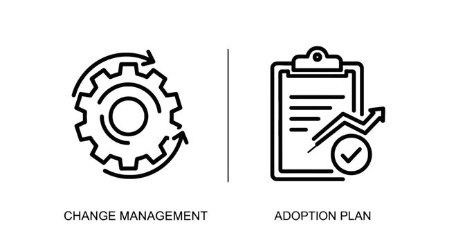 Change management process gear and adoption plan checklist icon set with management adoption checklist improvement strategy corporate business