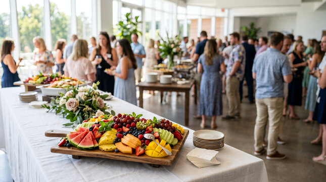 Guests enjoying a vibrant fruit platter at a catering event indoors  