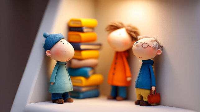 Cute toy characters standing with books in cozy interior, playful miniature people scene with warm light and storytelling concept illustration
