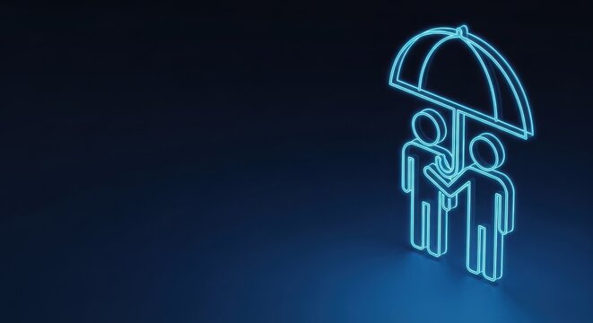 Neon Blue Outline of a Person Holding an Umbrella Offering Protection and Security