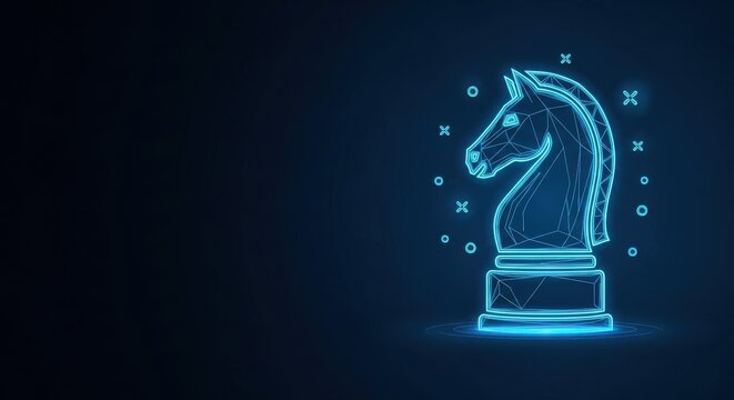 Neon blue polygonal knight chess piece glowing with futuristic strategy and intelligence on dark background