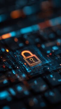 Cyber security digital padlock illuminating a virtual circuit board surface, emphasizing data protection, information privacy, internet safety, and secure network access