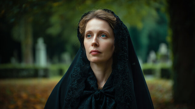 Woman in victorian mourning dress with black lace veil in a cemetery
