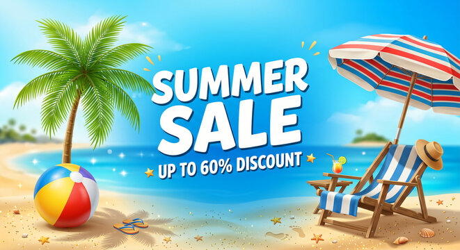 summer sale banner with beach scene and promotional text high quality professional detailed modern elegant stylish