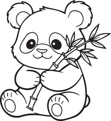 Fototapeta premium Kawaii Panda with Bamboo Coloring Page, Cute Cartoon Panda Eating Bamboo Line Art for Kids Coloring Book