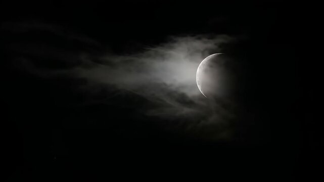 Spooky crescent moon shining brightly in the dark night sky as fast moving clouds continuously pass by and obscure the lunar surface