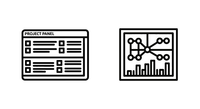 Set of project management and data analytics linear icons for business tracking and reporting with management analytics business tracking workflow