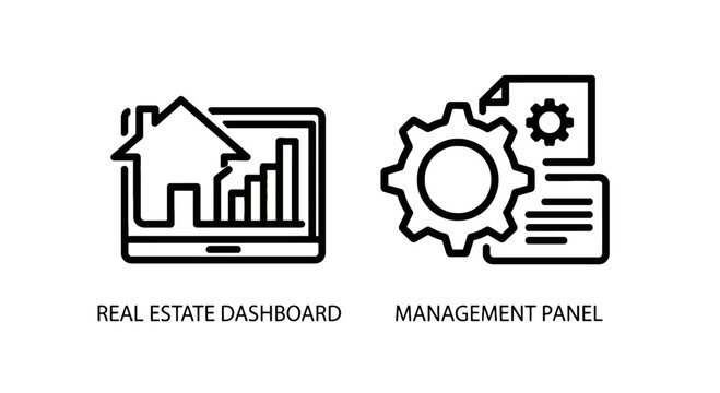 Real estate dashboard and business management panel icons with dashboard management property business software interface analytics building settings