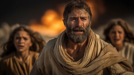 Fototapeta premium Lot leads his daughters from a burning city, fire lighting the night as fear and urgency reveal judgment, escape, and the cost of leaving behind the past. 