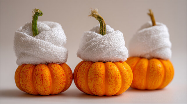 Three miniature pumpkins topped with rolled white towels, rolled towel