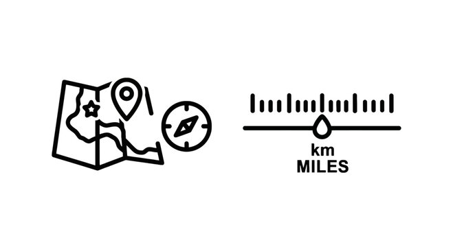 Navigation and distance measurement icons featuring map with location pin compass linear scale for travel and geography navigation concepts navigation