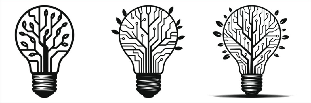 Eco-Friendly Technology Concept: Sustainable Green Energy and Digital Innovation. Set of Light Bulbs with Circuit Board Tree and Growing Leaves, Representing Renewable Power and Bio-Tech Solutions.