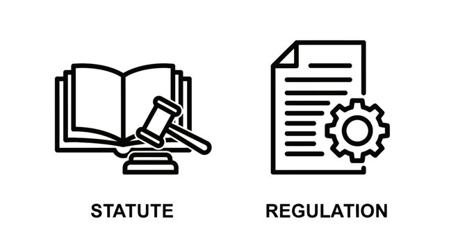 Legal and administrative icons depicting a law book with gavel and document with gear for legal statutes and corporate regulations compliance, regulation
