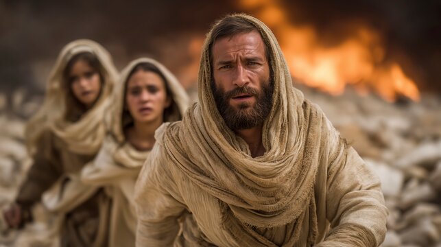 Lot leads his daughters from a burning city, fire lighting the night as fear and urgency reveal judgment, escape, and the cost of leaving behind the past.
