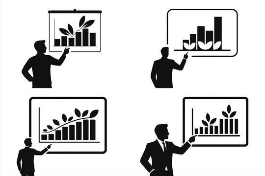 Professional Businessman in Suit Presenting Sustainable Green Business Growth Strategy on Chart Board, Eco-Friendly Corporate Development and Environmental Investment Success Concept Silhouette