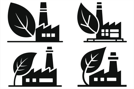 Eco-Friendly Sustainable Industrial Factory Icons; Minimalist Green Manufacturing Plant Silhouettes with Leaf Symbol for Clean Energy, Carbon Neutral Industry, Renewable Production, and ESG Concepts