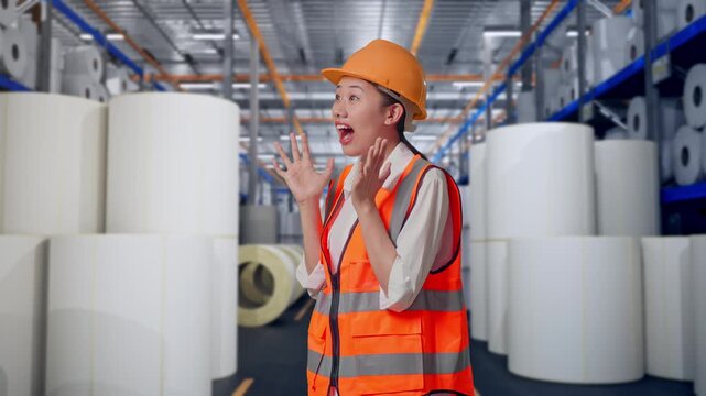 Side View Of Asian Female Engineer With Safety Helmet Smiling To Camera And Saying Wow While Standing at Warehouse with Rows of Stacked White Polymer and Paper Rolls