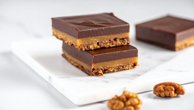 Millionaire's Shortbread. Chocolate caramel shortbread bars with buttery biscuit base, rich British dessert on white.