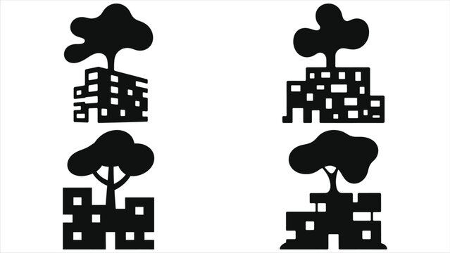 Abstract Vector Silhouette Illustration of a Modern Corporate Building Merged with a Growing Green Tree, Representing Sustainable Architecture, Eco-Friendly Urban Planning, and Green Business.