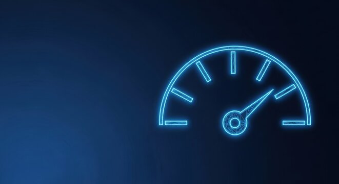 Glowing blue speedometer icon indicating performance and speed on a dark gradient background, representing digital metrics and progress.