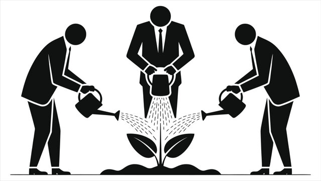 Business Growth and Team Collaboration Concept: Group of Professional Businessmen in Suits Watering a Growing Plant Together for Financial Success, Corporate Investment, and Sustainable Development