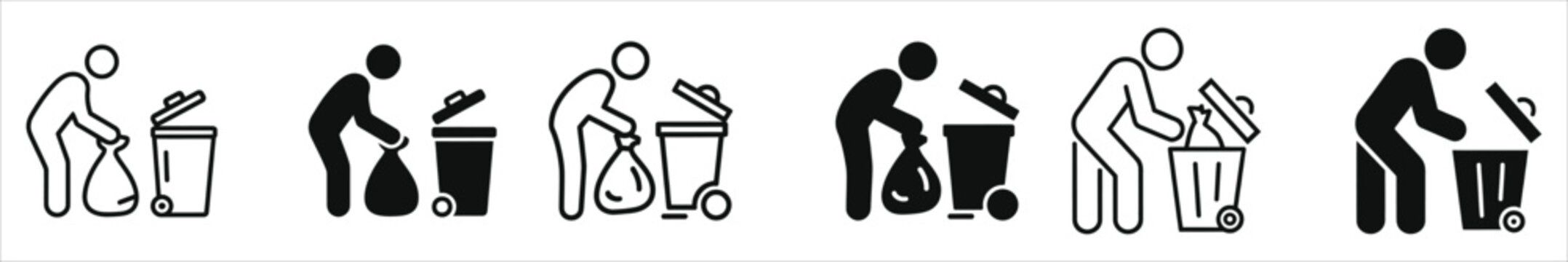 Waste Management Icons Set: Personnel Sorting Trash and Recycling into Bins. Vector Illustrations of Workers Handling Garbage Bags for Environmental Sustainability, Sanitation, and Cleanliness.